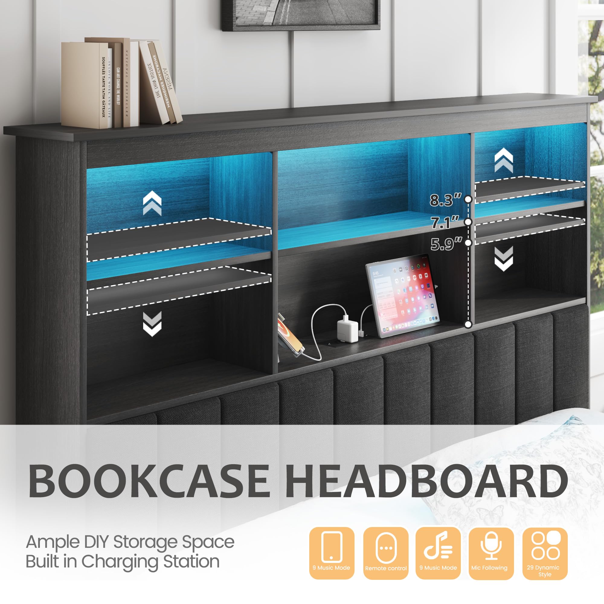 Rustic Bed Frame with Storage Headboard, Drawers & LED