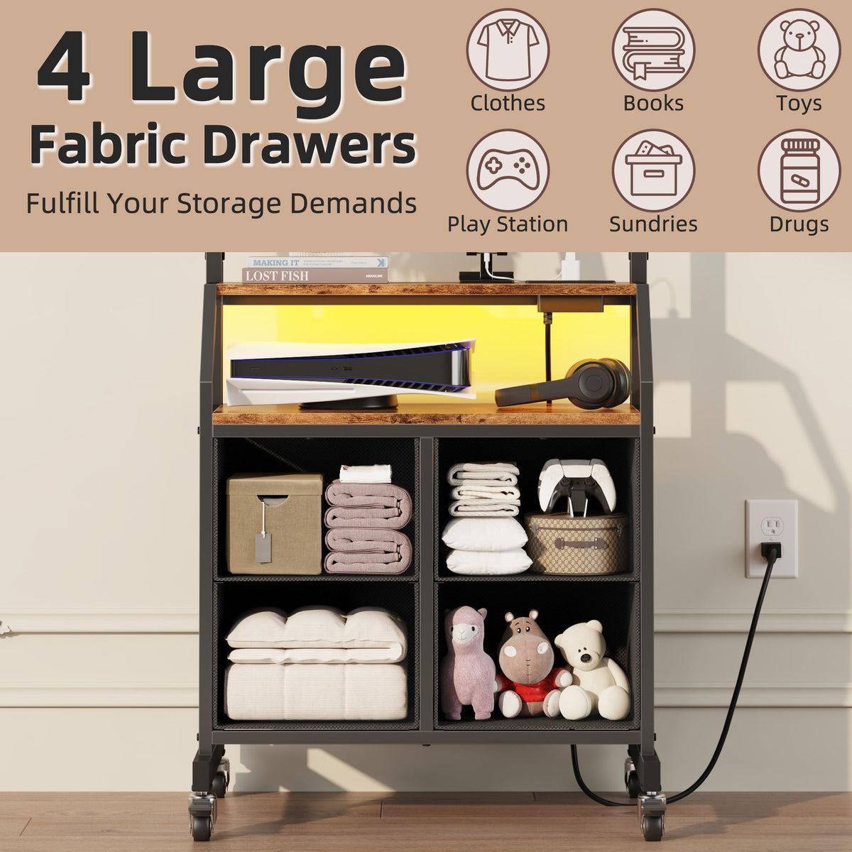 Rolling TV Stand with Mount & Drawers
