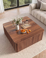 ASDHVCCO Lift Top Coffee Table, Farmhouse Square Fluted Center Table, 31.5" Modern Wooden Tea Table with Hidden Storage LED for Living Room, Apartment, Small Spaces, Walnut