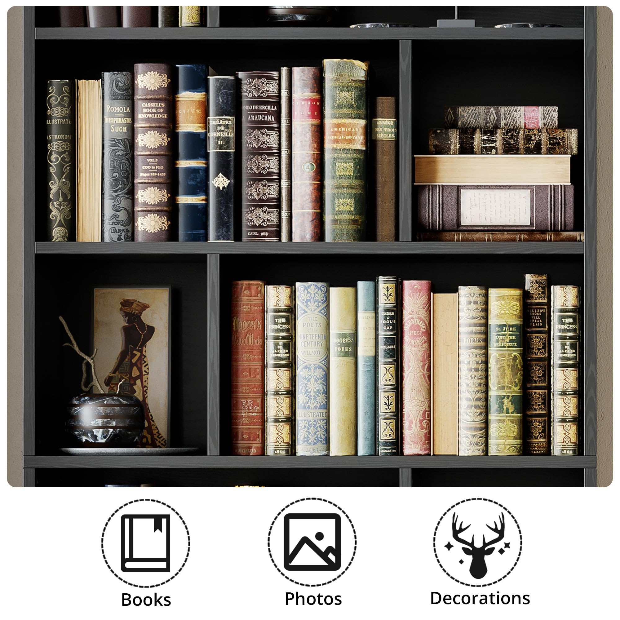 IRONCK Book Shelf, Tall Bookshelf with Storage, Bookshelves and Bookcases with Doors, 4-Tier Bookcase with 8 Open Cubes for Living Room, Office, Study, Black