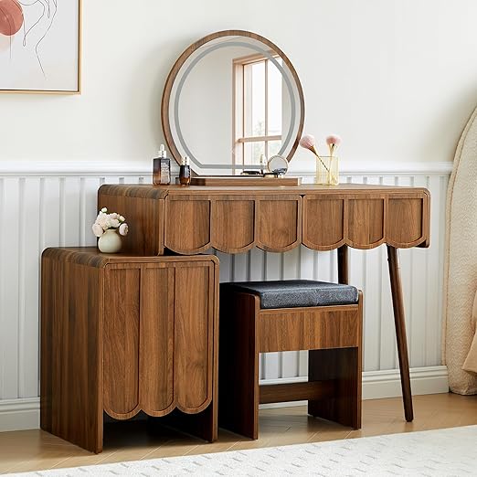 Wave Panel Vanity Desk with Mirror & Lights
