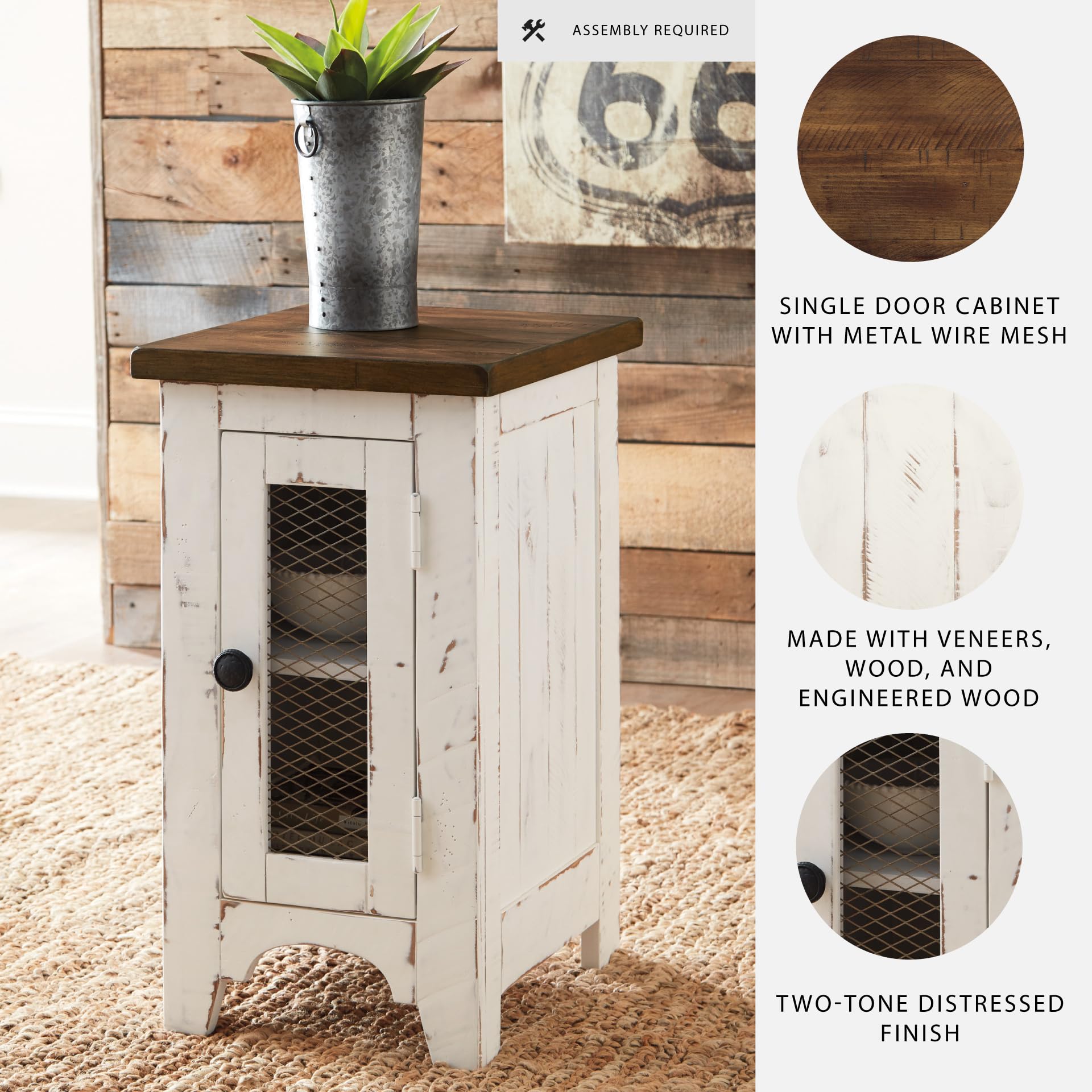 Farmhouse Chairside End Table with Cabinet Door & Metal Grill