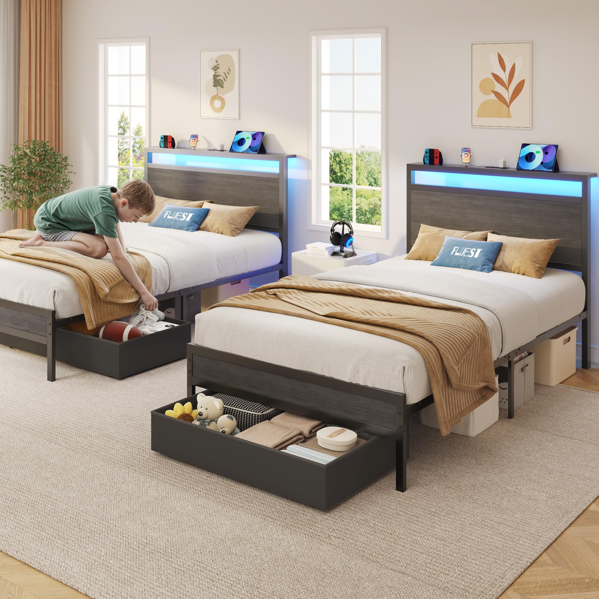 Fluest Twin Bed Frame,Twin Bed Frame with Storage Headboard & Storage Drawer, Charging Station & LED Light, No Box Spring Needed, Noise Free, Easy Assembly, Rustic Grey