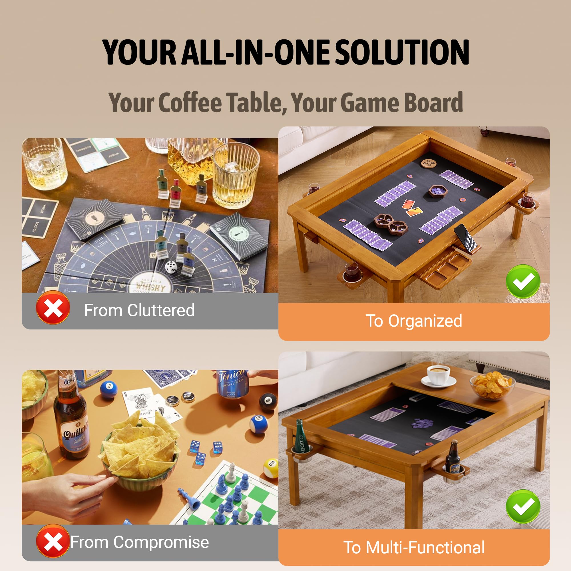 Solid Wood Board Game Coffee Table with Removable Top