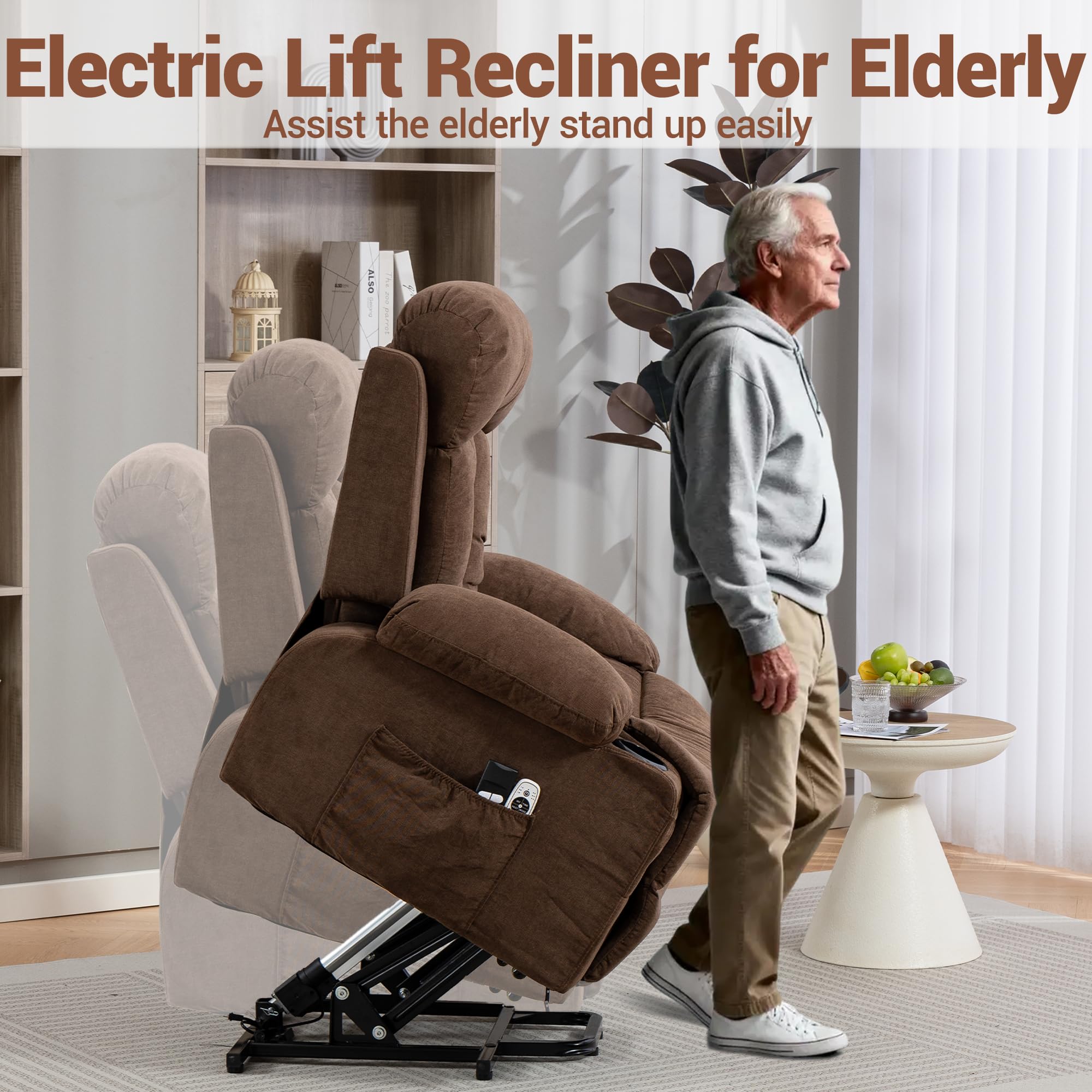 WENTUM Power Lift Recliner Chair for Elderly, Electric Lift Chair with 8 Vibration Massage and Heat, Soft Breathable Fabric, Cup Holders, Side Pockets, USB Charge Port for Living Room Bedroom, Brown