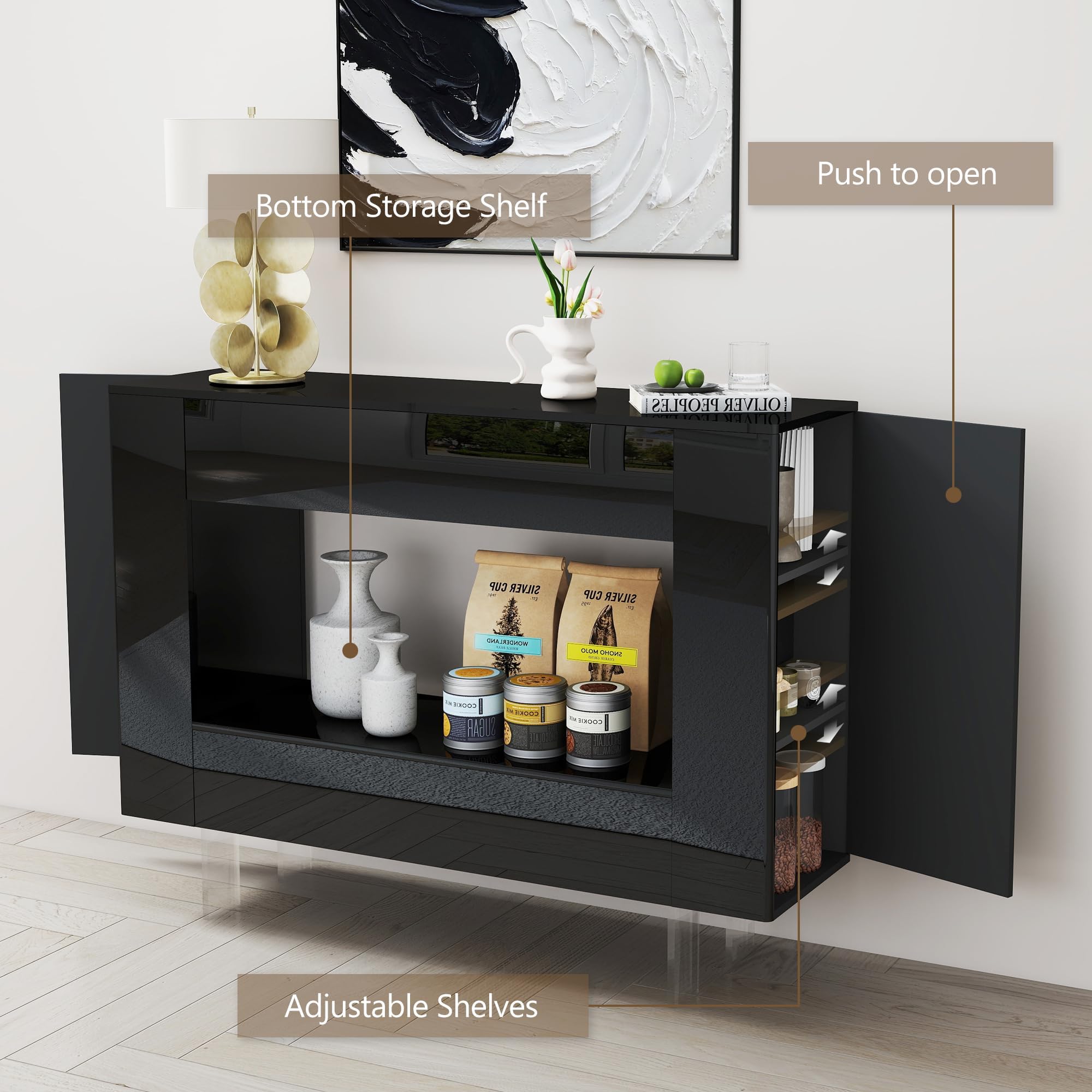 Vavkorkula Console Table, High Gloss Entryway Table with Hidden Storage Cabinets, Adjustable Shelves, Modern Sofa Table for Behind The Couch, Living Room, Hallway, Black