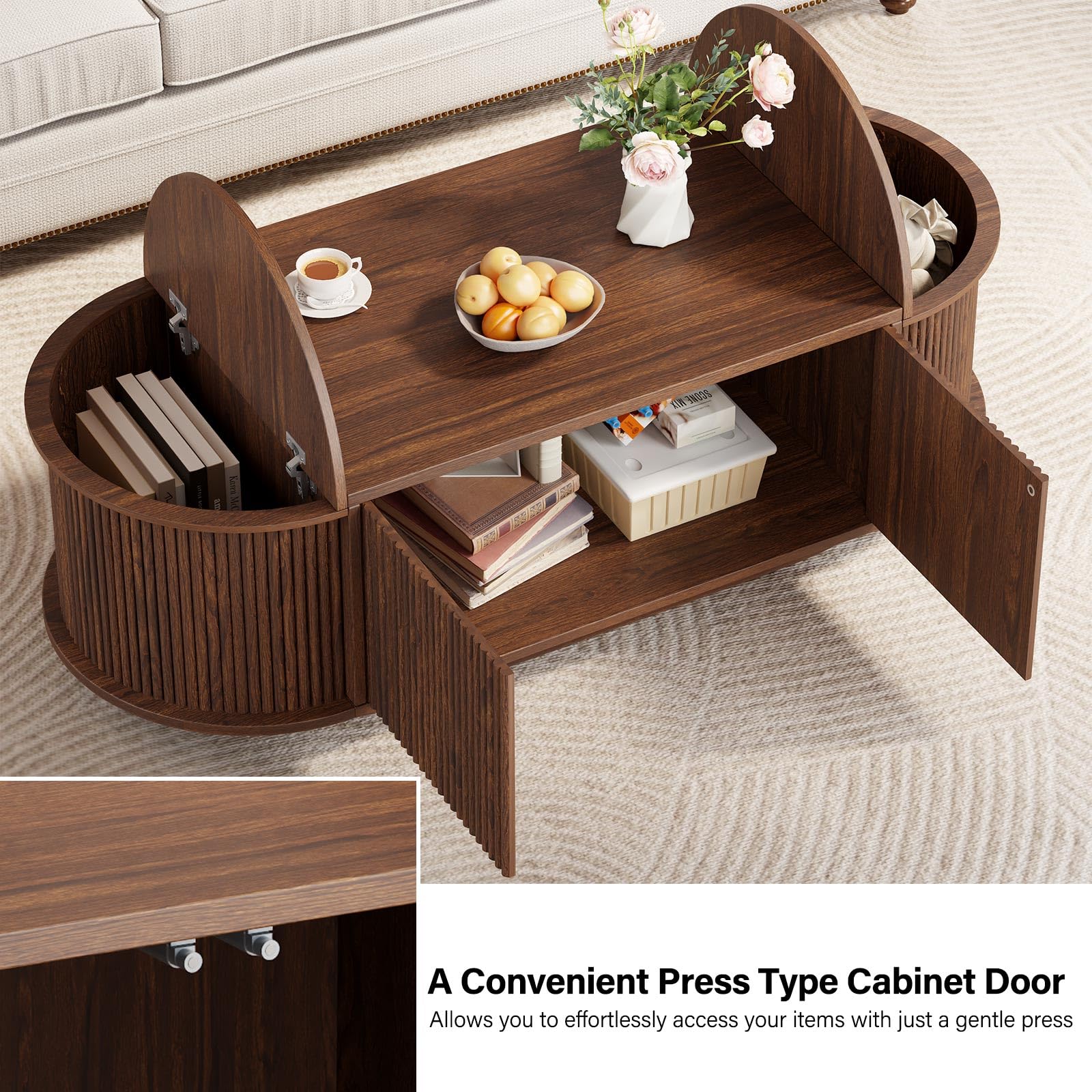 Oval Fluted Coffee Table with Flip-Top Storage