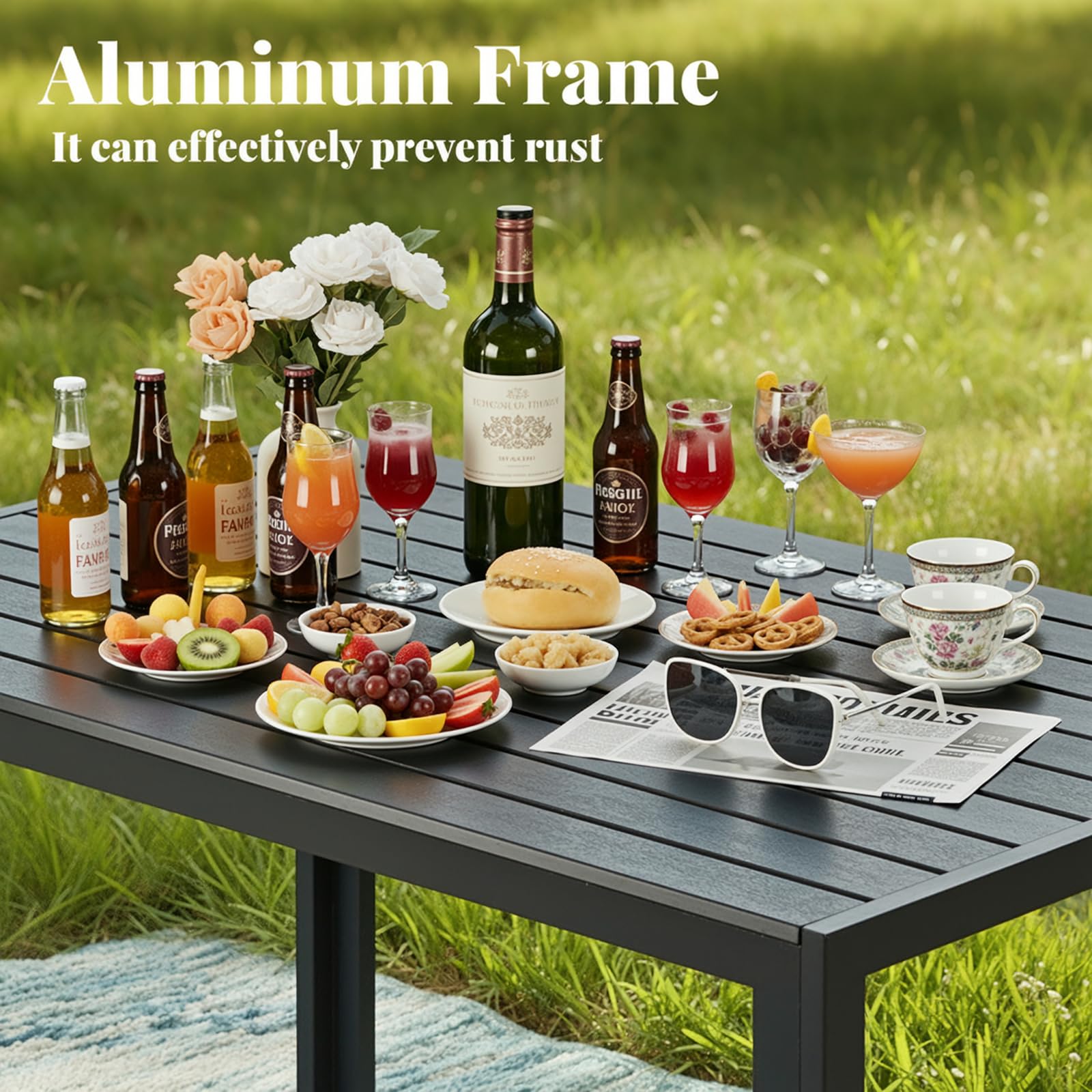 LIFERUN Outdoor Patio Table for 4-6 Person, 43×28in Rectangle Outdoor Dining Table with Wooden-Like Top and Aluminum Frame, Heat and Weather Resistant, Ideal for Garden, Patio, Poolside, Porch, Black