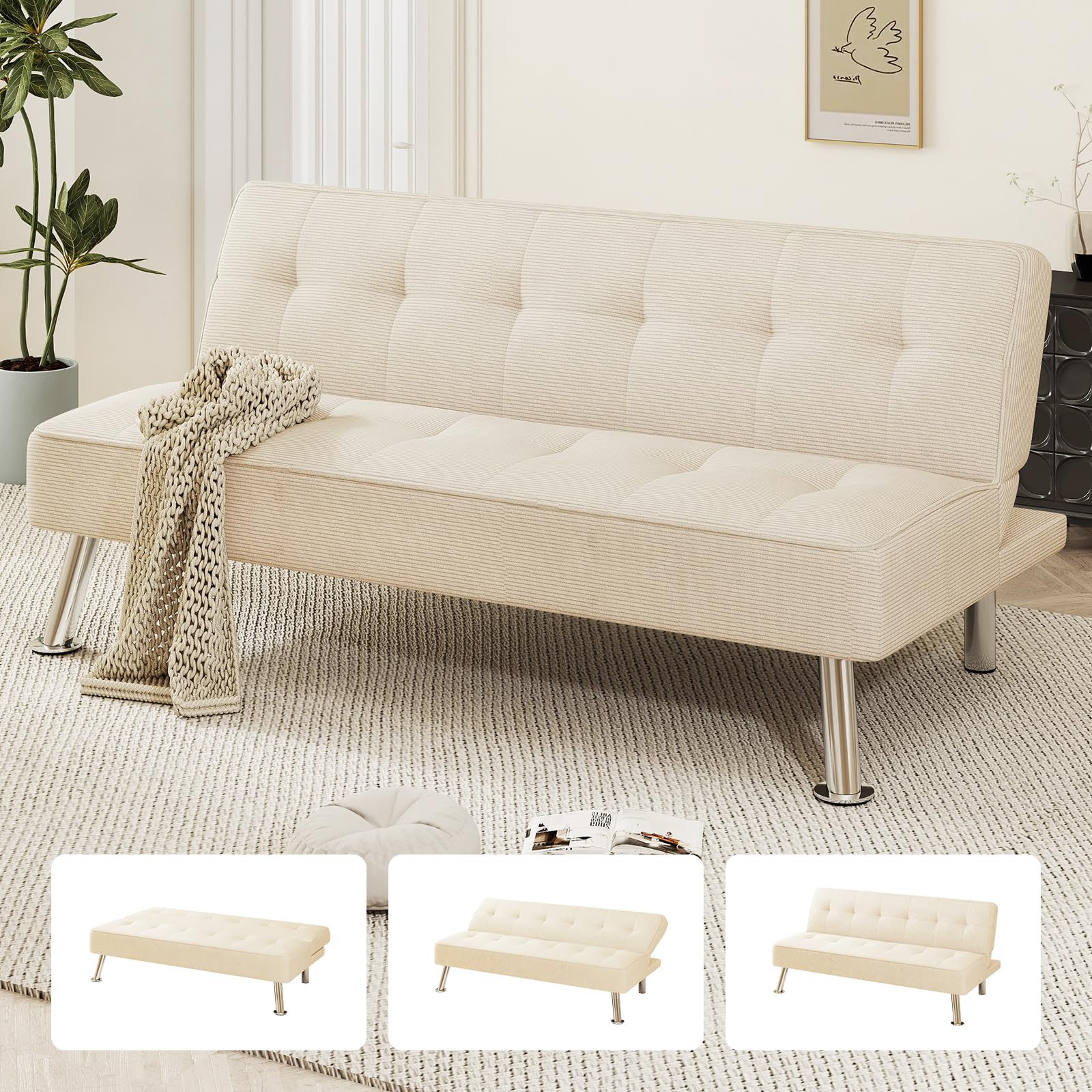 Convertible Futon Sofa Bed – Corduroy, 3-Position Adjustable Backrest