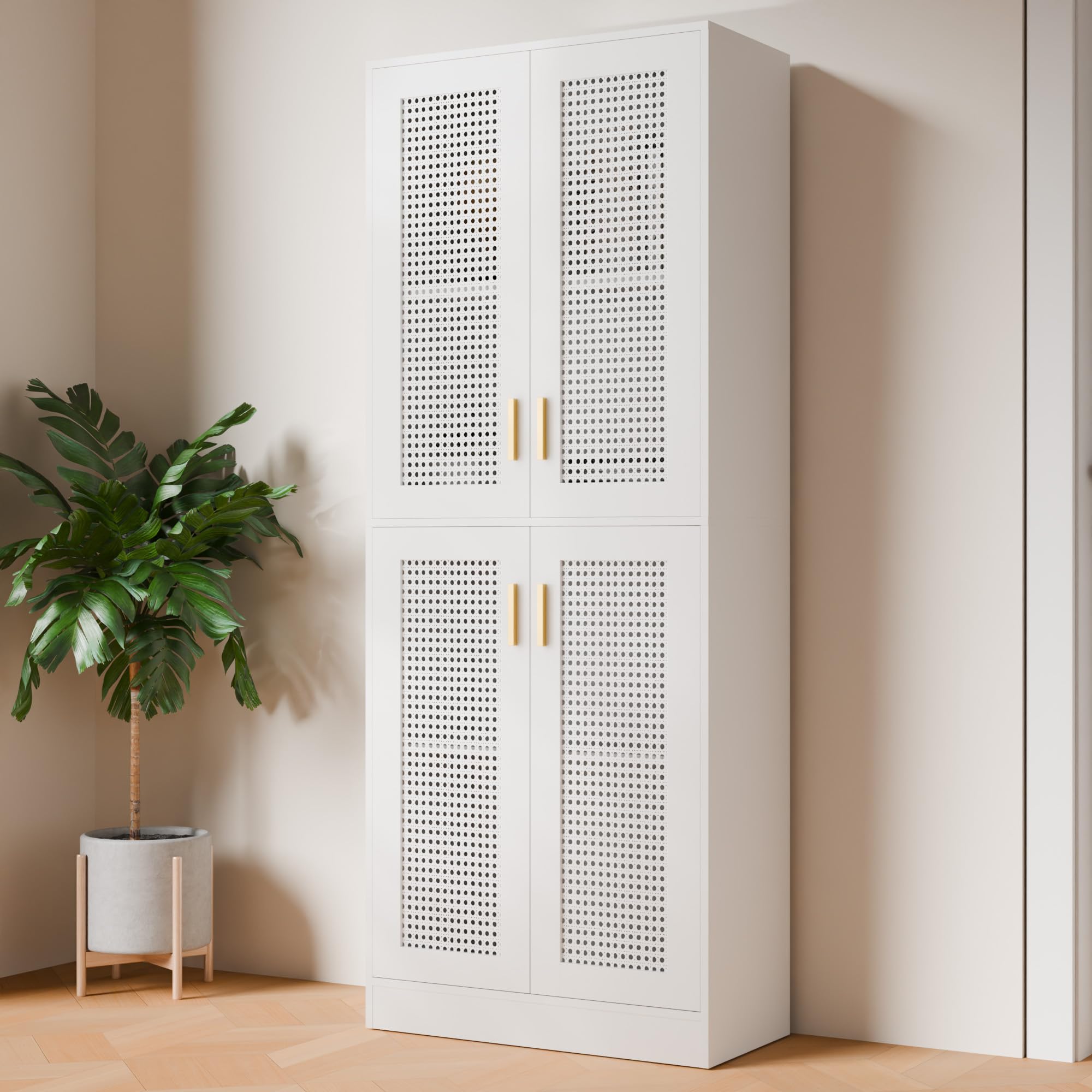 Cozy Castle Kitchen Pantry Cabinet, 71" Tall Rattan Doors Storage Cabinet and Adjustable Shelves, Modern Farmhouse Wood Cupboard Utility Hutch for Kitchen, Dining Room, Living Room (White)