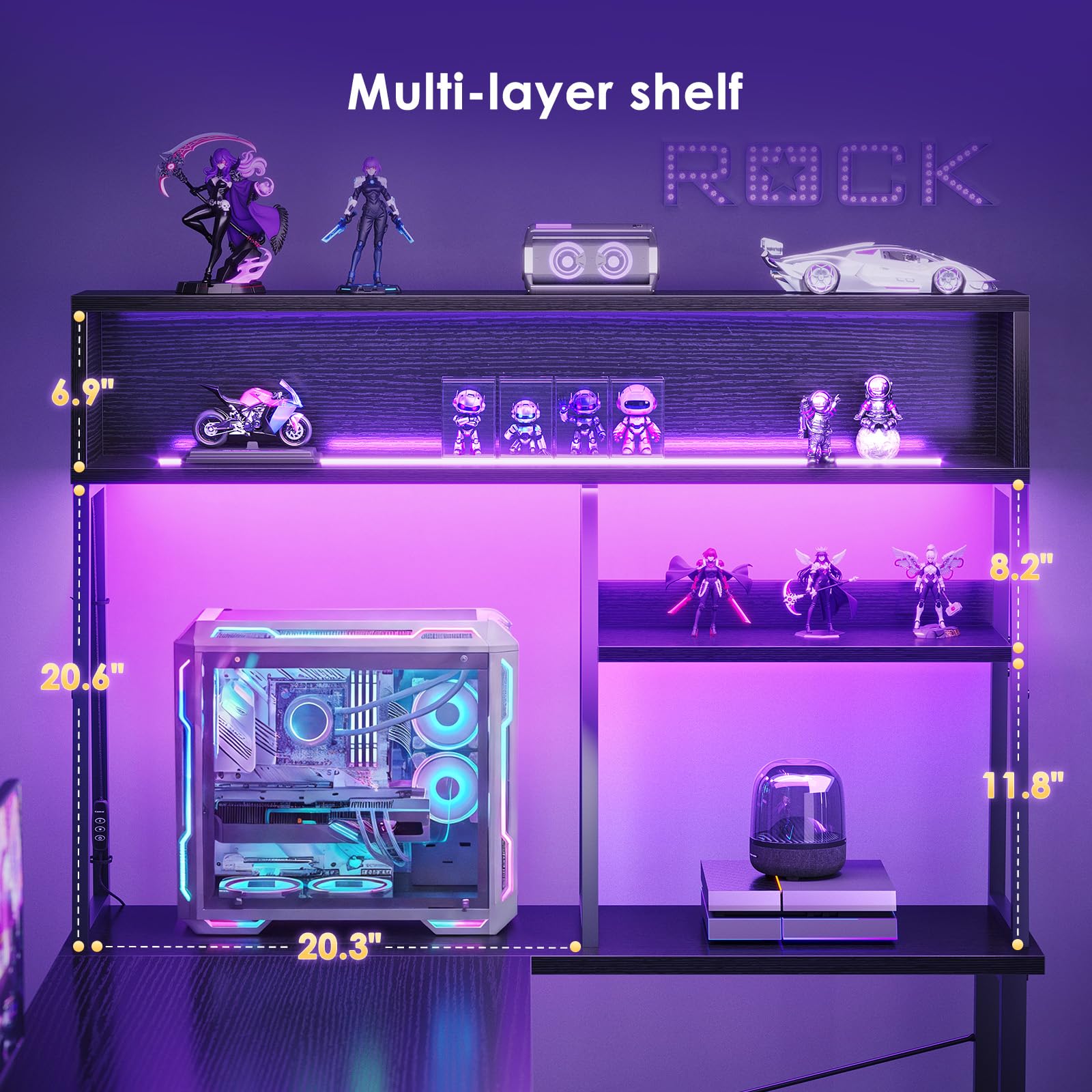 L-Shaped Gaming Desk with LED Lights & Display Shelves