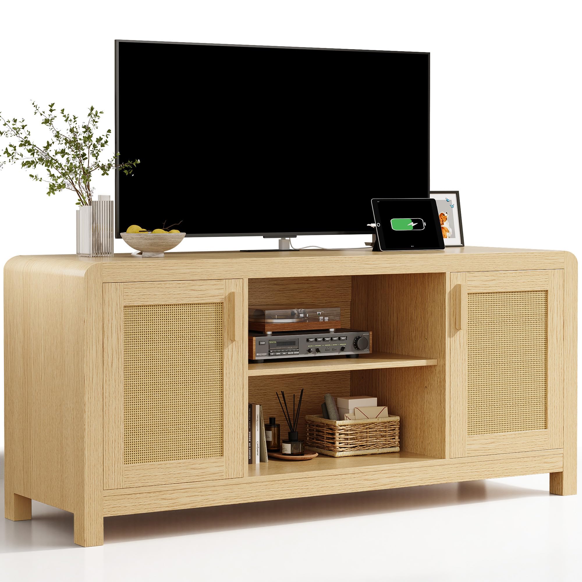 TV Stand with Power Outlet & Rattan Doors – Fits TVs up to 65"