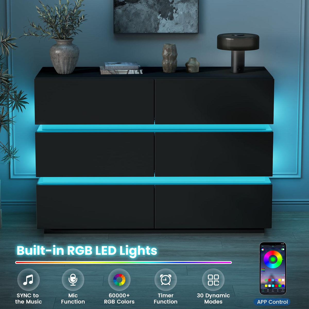 Jocoevol 6 Drawer Dresser with LED Lights, Modern Black Dresser for Bedroom