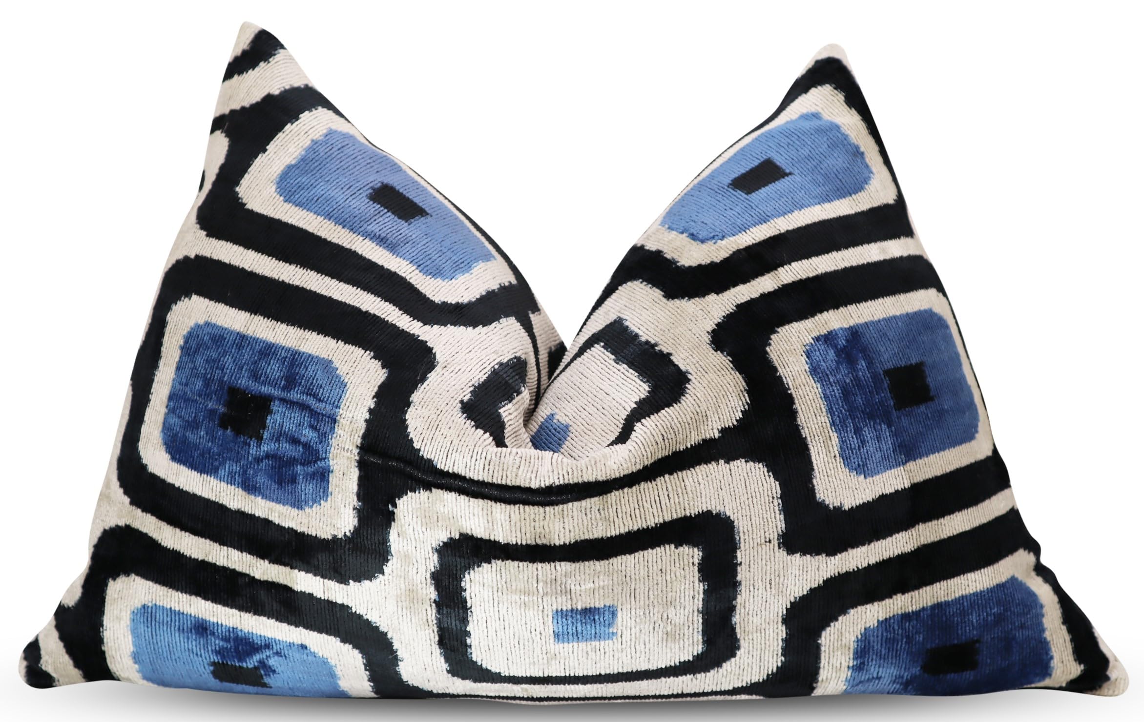 CANVELLO Handmade Velvet Decorative Pillow 16" x 24" | Premium Down Feather Fill, Geometric Blue and Black Pattern, Hidden Zipper Closure