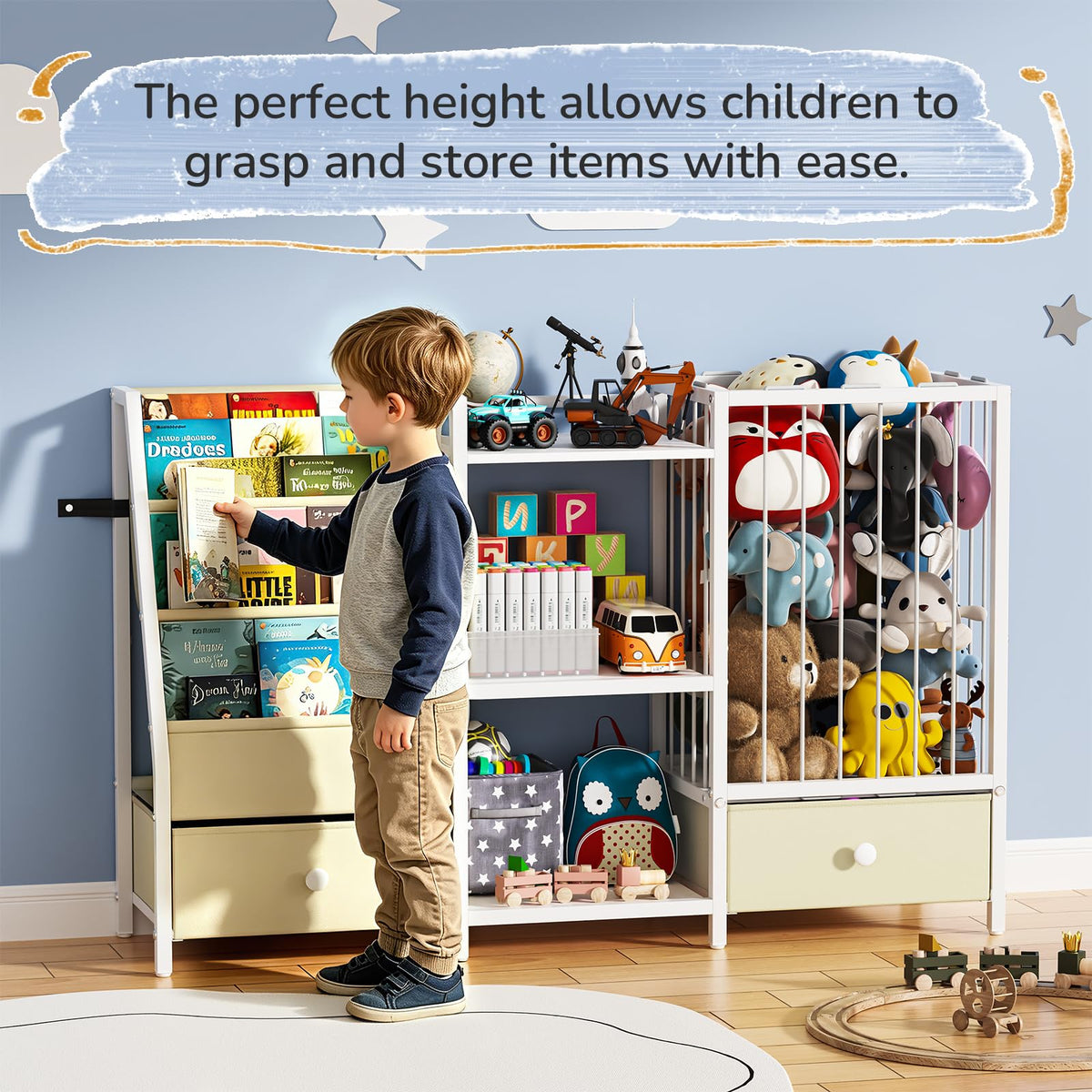 4-in-1 Kids Bookshelf and Toy Storage, 45.7"x11.8"x30", with 2 Drawers