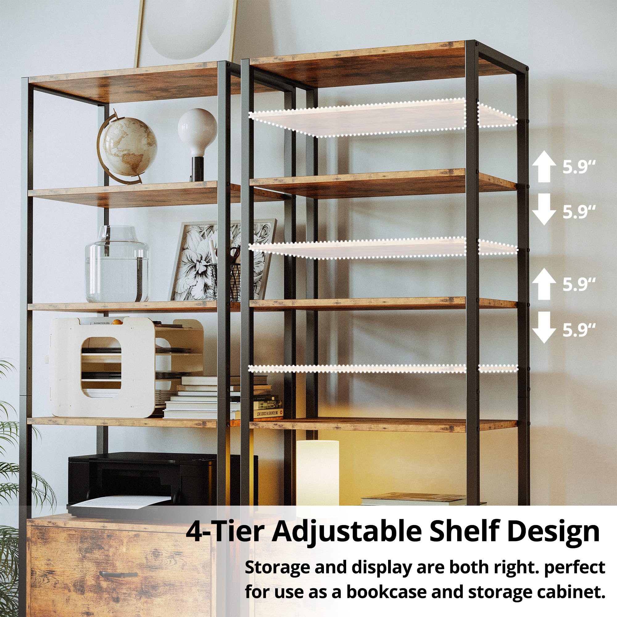 5-Tier Industrial Bookcase with File Cabinet Drawers