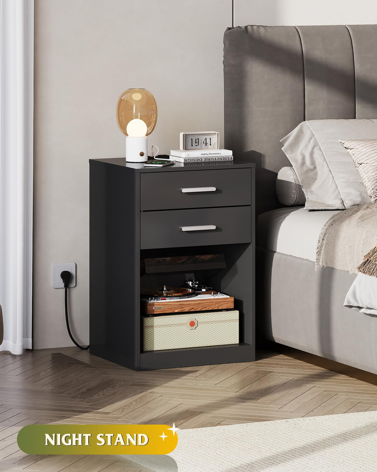 WLIVE Nightstands Set of 2 with Charging Station, Bedside Table with Drawer