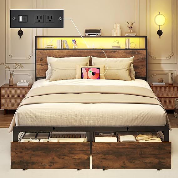 Storage Bed Frame with LED & Charging Station