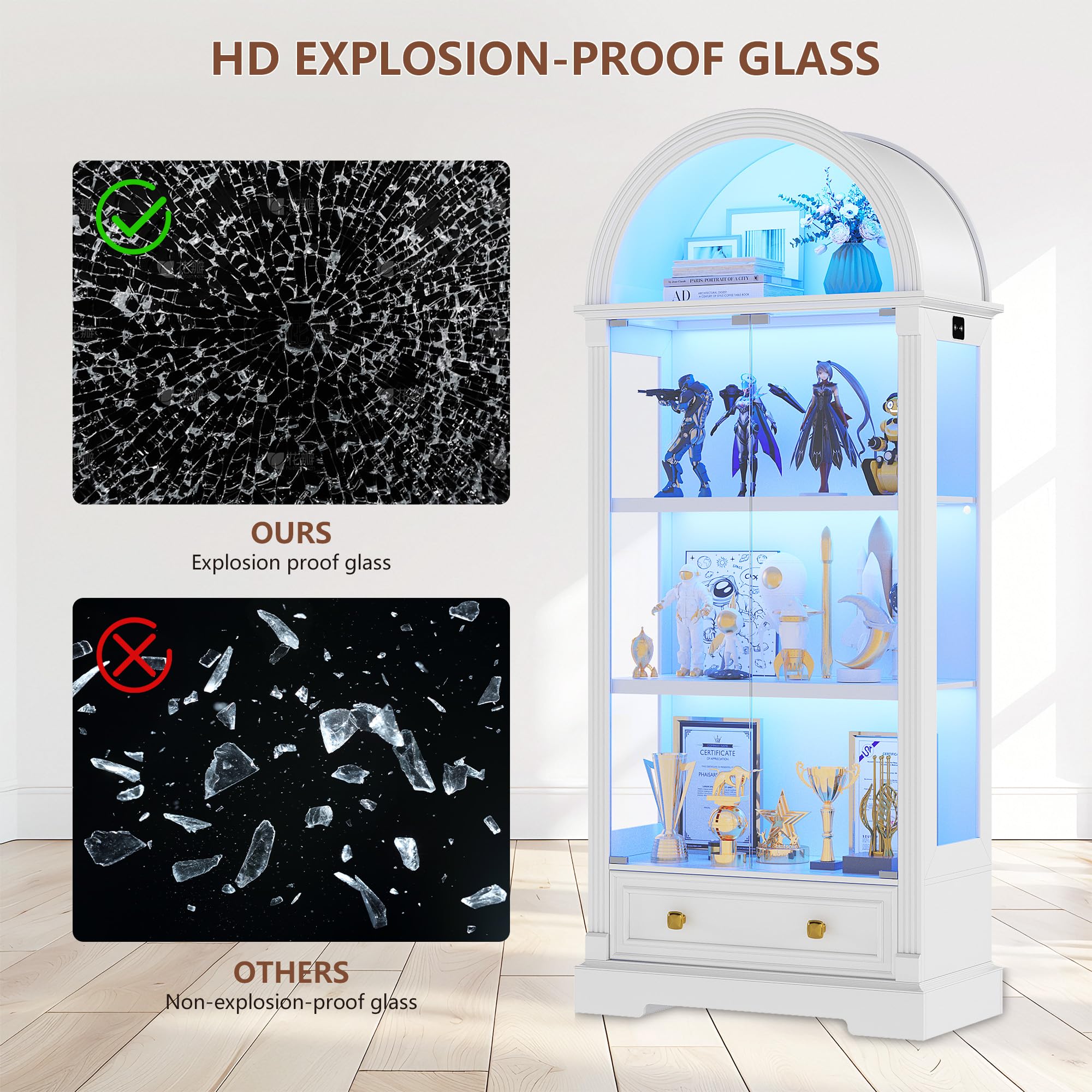 Arched Glass Display Cabinet with Motion Sensor LED Lights