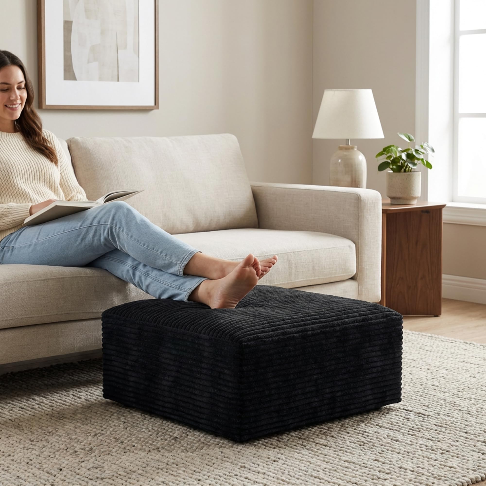 NMXUXMN Oversized Boneless Ottoman for Living Room – Plush Square Corduroy Upholstered Couch Ottoman, Modern Low-Profile Footrest for Sectional & Modular Sofa-Black