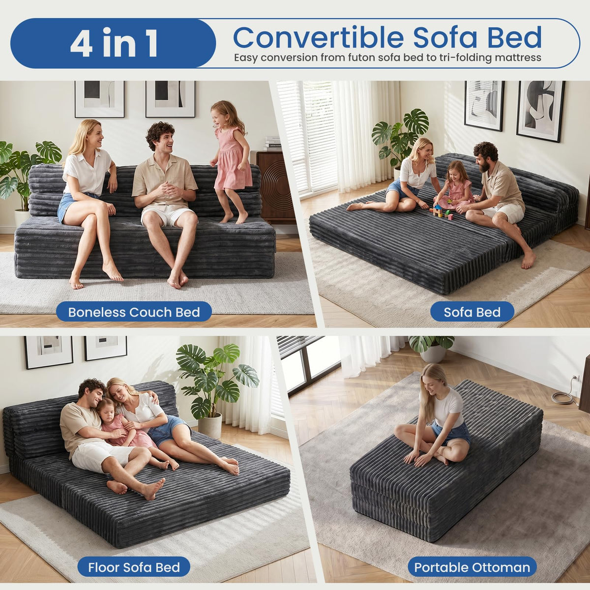 Erament Tri-Fold Futon Sofa Bed, 6 Inch Foldable Floor Couch, High-Density Foam Convertible Sleeper Sofa with Removable Washable Corduroy Cover, Portable Floor Mattress for Living Room