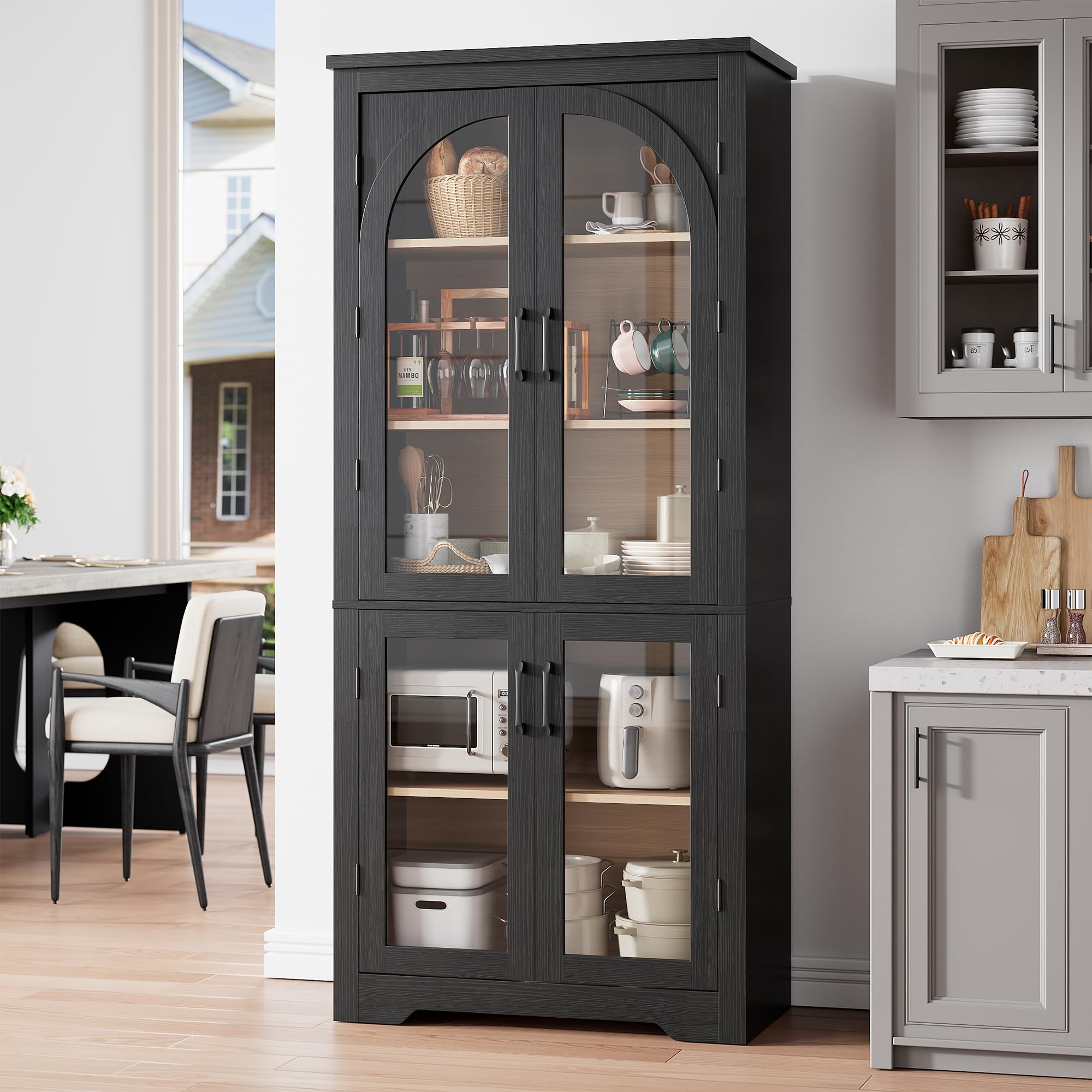 Garvee 70" Tall Kitchen Pantry Cabinet - Modern Display Cabinet with 4 Arched Glass Doors and Adjustable Shelves, Versatile Cupboard Organizers for Kitchen, Dining Room, Living Room, Bathroom, Black