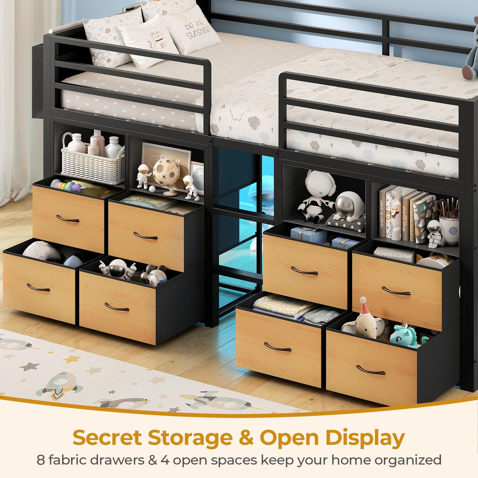 ADORNEVE Low Loft Bed Twin Size with 8 Storage Drawers, Twin Loft Bed with Bookcase and LED Lights, Metal Kids Loft Bed with 14" H Safety Guardrail, Under-Bed Play Space, No Box Spring Needed, Natural