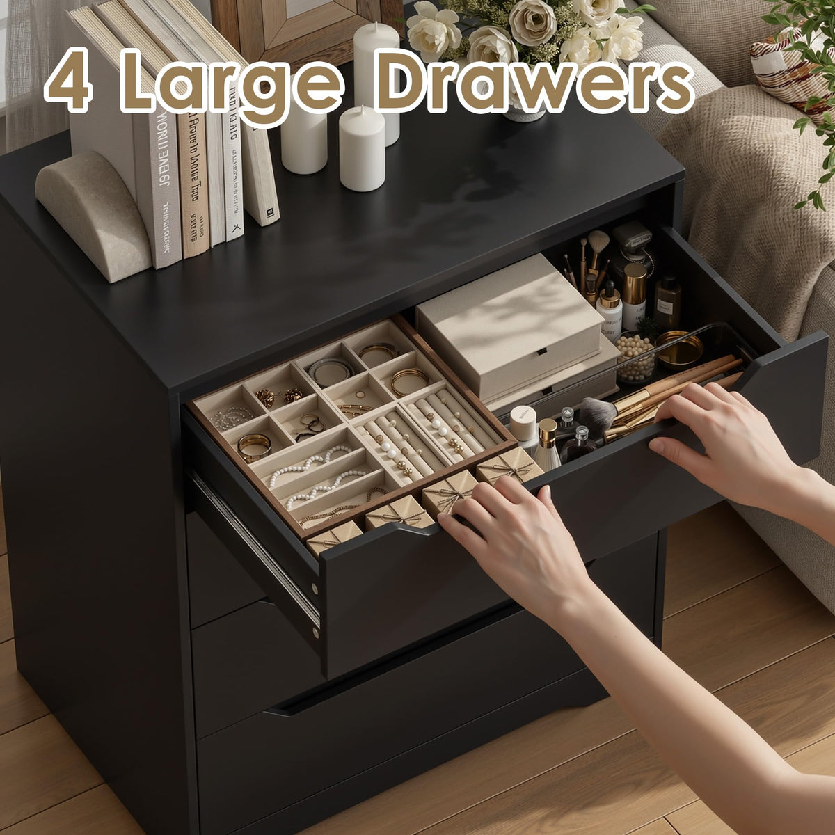 HOSTACK Modern 4 Drawers Dresser, Wood Chest of Drawers with Storage, Black