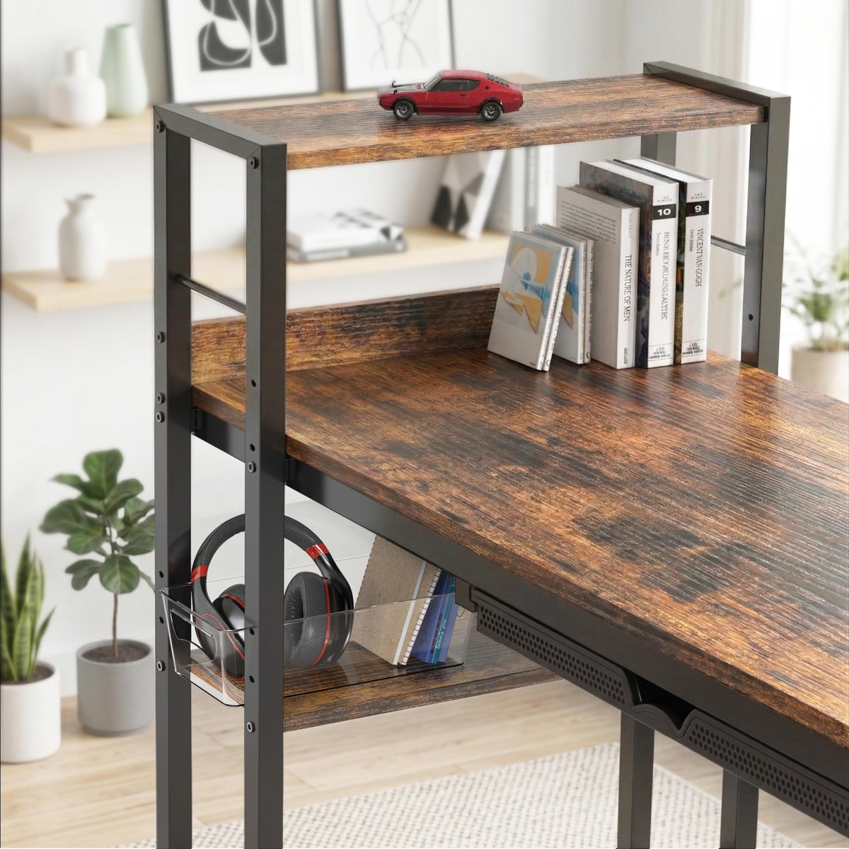 SHW 46-Inch Home Office Computer Desk w/Side Shelf & Drawer, Rustic Brown