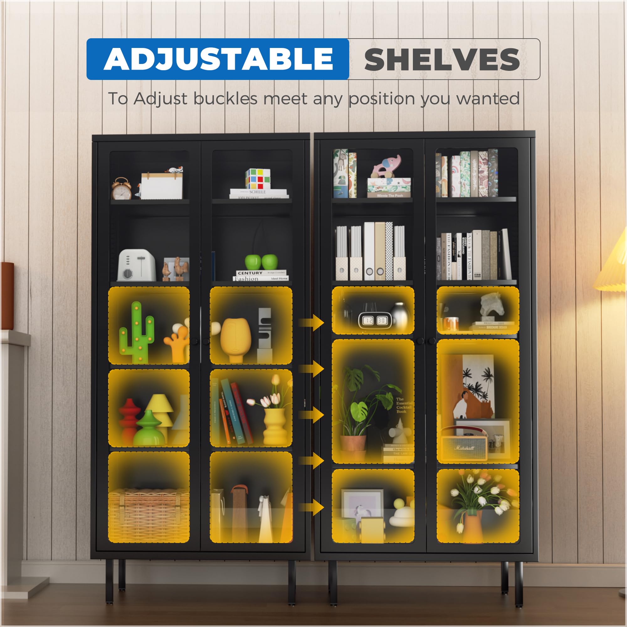 INTERGREAT Glass Display Cabinet, Metal Curio Cabinet with Tempered Glass Doors & Adjustable Shelves, Metal Storage Cabinets for Living Room, School, Plant, Black, Assembly Required
