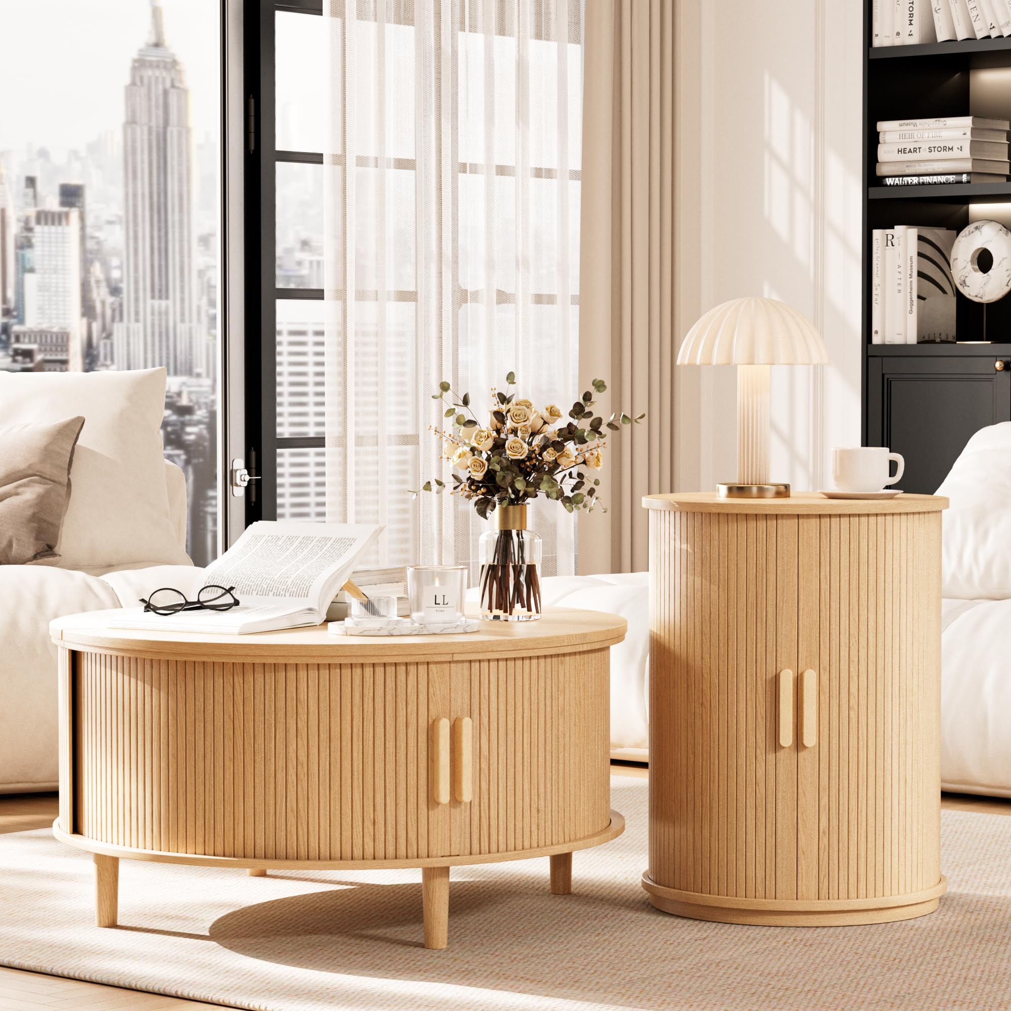 Round Side Table with Sliding Tambour Door