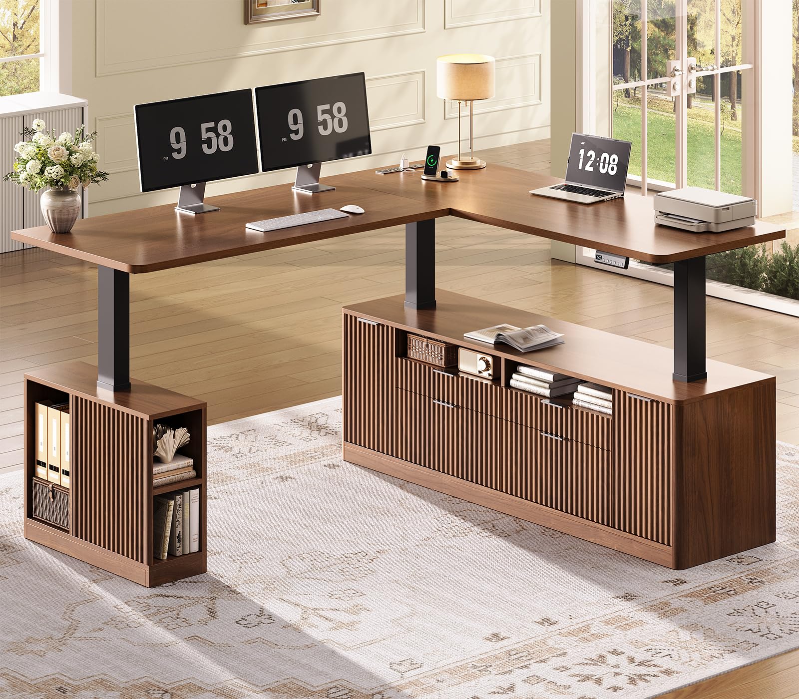 SEDETA L Shaped Electric Standing Desk, 69" x 55"Height Adjustable Office Executive Desk with 4 Drawers and Storage Shelves, Fluted Sit Stand Computer Desk with Power Outlet for Home Office