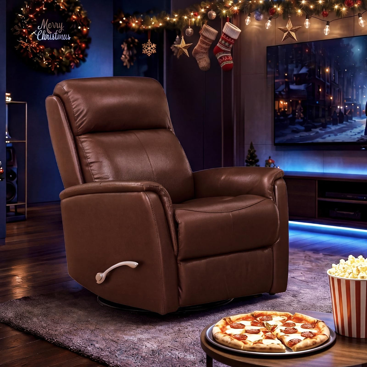 Swivel Recliner Chair, Manual Leather Home Theater Seat (Brown, Leather)