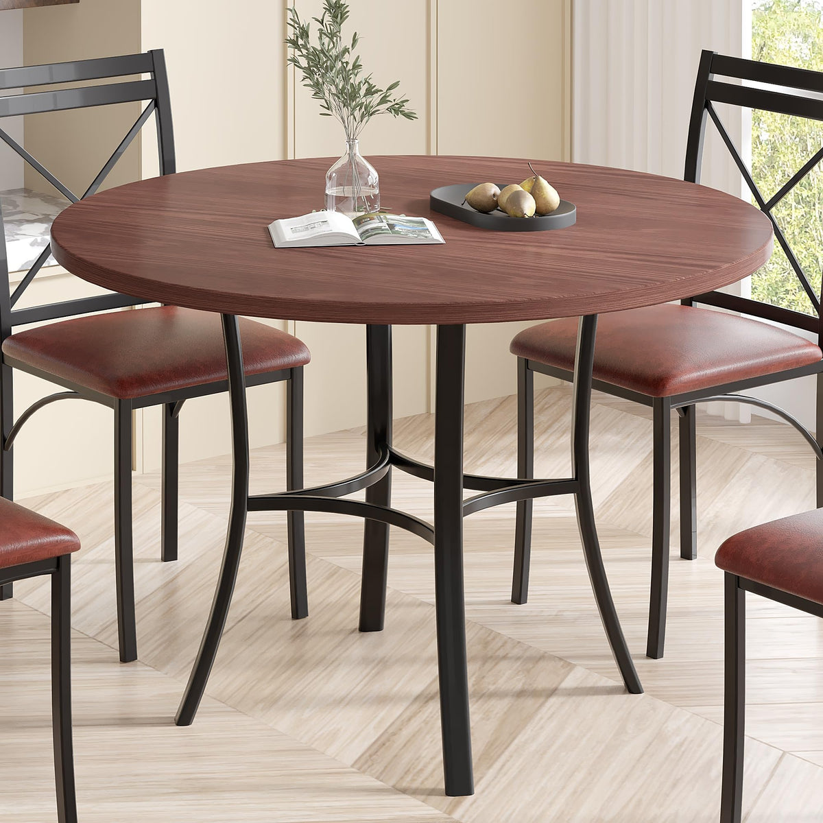 Round Wood-Grain Dining Table