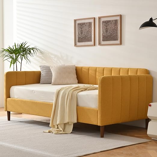 Twin Upholstered Daybed with Adjustable Backrest & Wood Slats