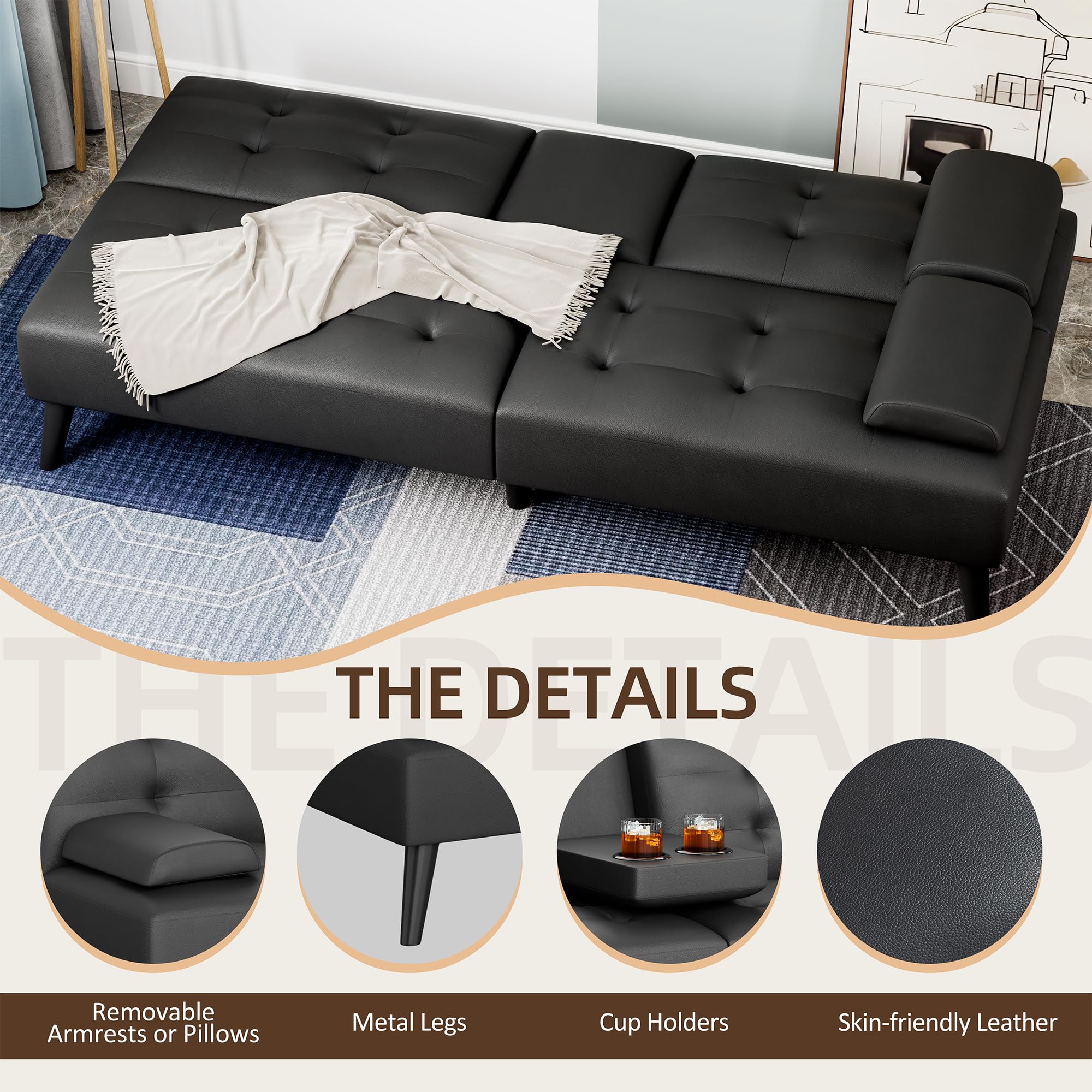 Foldable Futon Sofa Bed with Reclining Backrest & Cup Holders