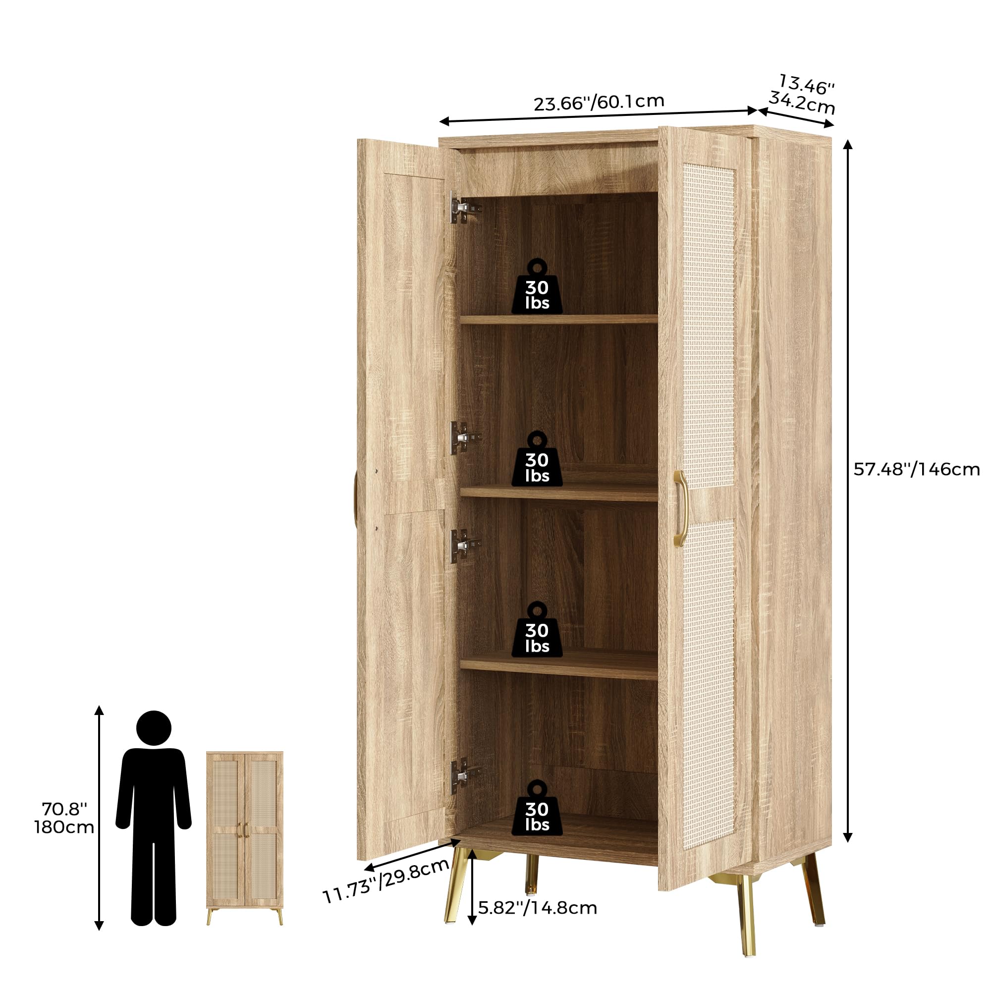 JASIWAY Tall Bathroom Storage Cabinet with Doors and Shelves, 57" Linen Floor Storage Cabinet for Laundry Entryway, Wood Freestanding Pantry with Metal Handle, Adjustable Shelves, Anti-Tipping Device