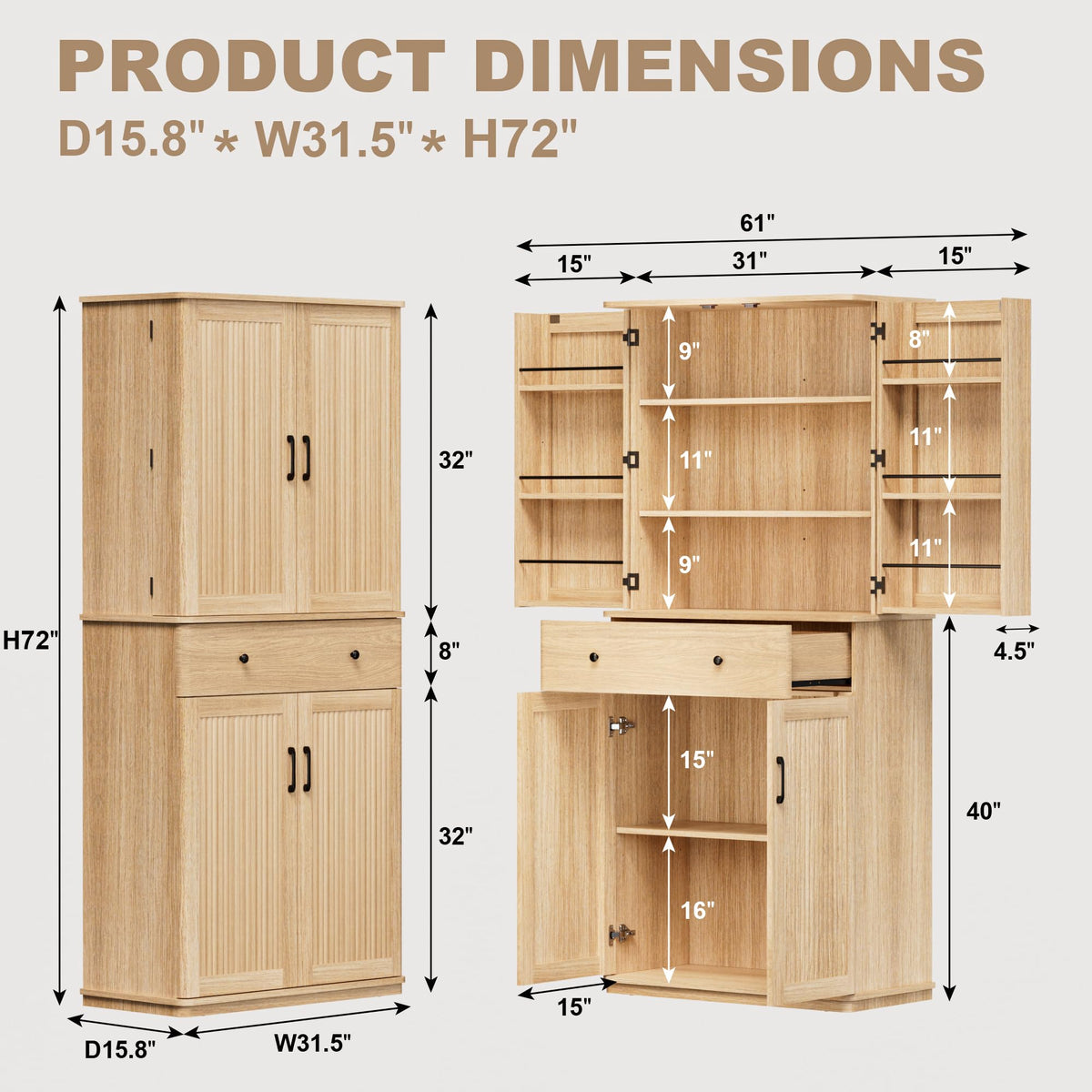 72" Tall Pantry Cabinet, Kitchen Storage Cabinet with 1 Drawer 2 Cabinets, 3 Adjustable Shelves 6 Door Shelves, Fluted Freestanding Multi Use Pantry Storage Cabinet for Kitchen Dining Room Living Room