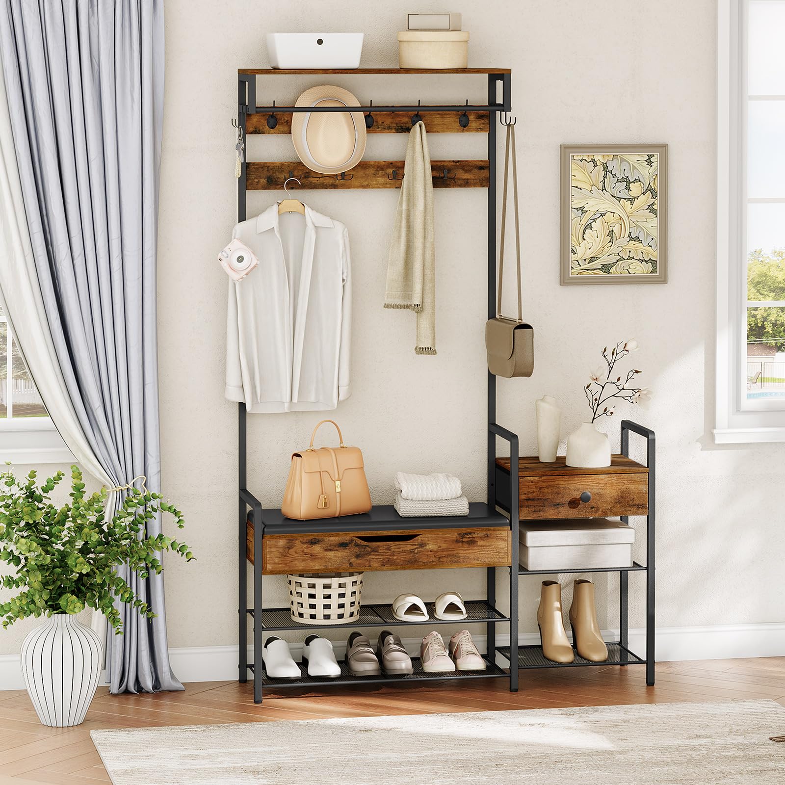 5-in-1 Hall Tree with Bench & Shoe Rack