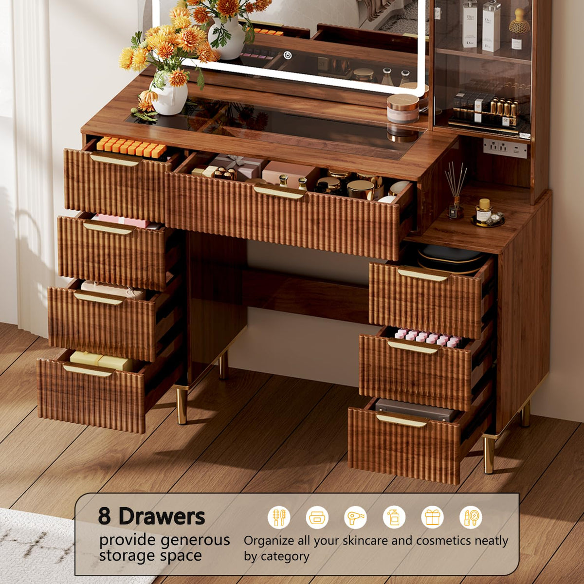 8-Drawer Vanity Desk with LED Mirror