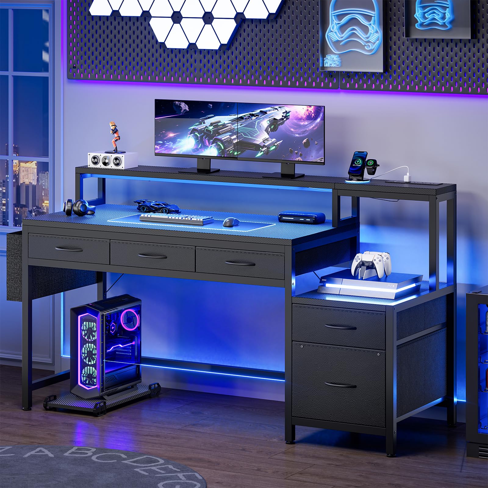 61" Gaming & Computer Desk with LED Lights, Charging Station & Monitor Stand