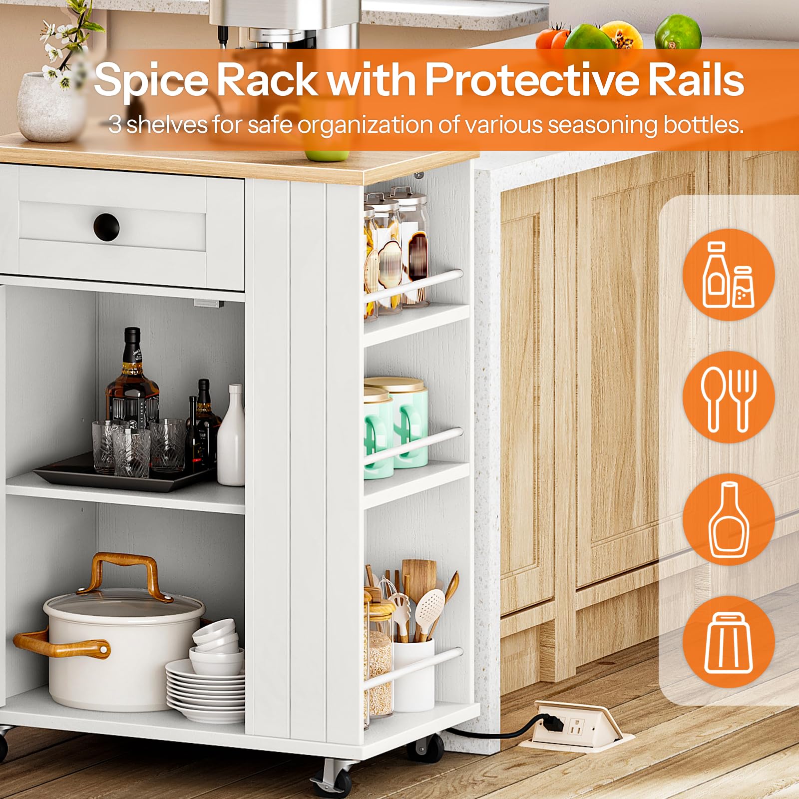 HOOBRO Kitchen Island on Wheels, Kitchen Island Cart with Power Outlet, Kitchen Storage Island with Spice Rack and Drawer, Island Table for Kitchen & Dining Room, White and Natural WN36UZD01