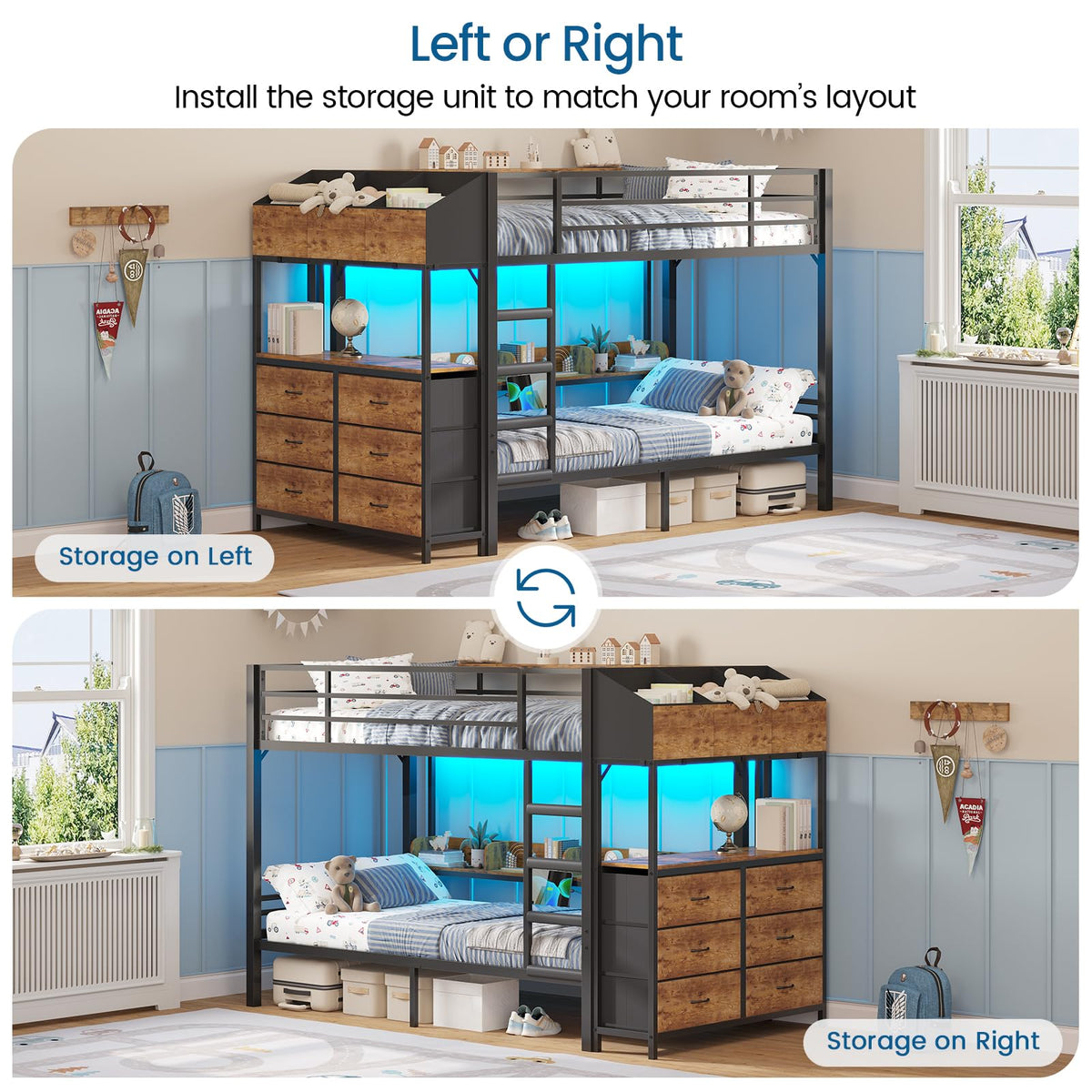 Twin Bunk Bed with Storage & LED Lights