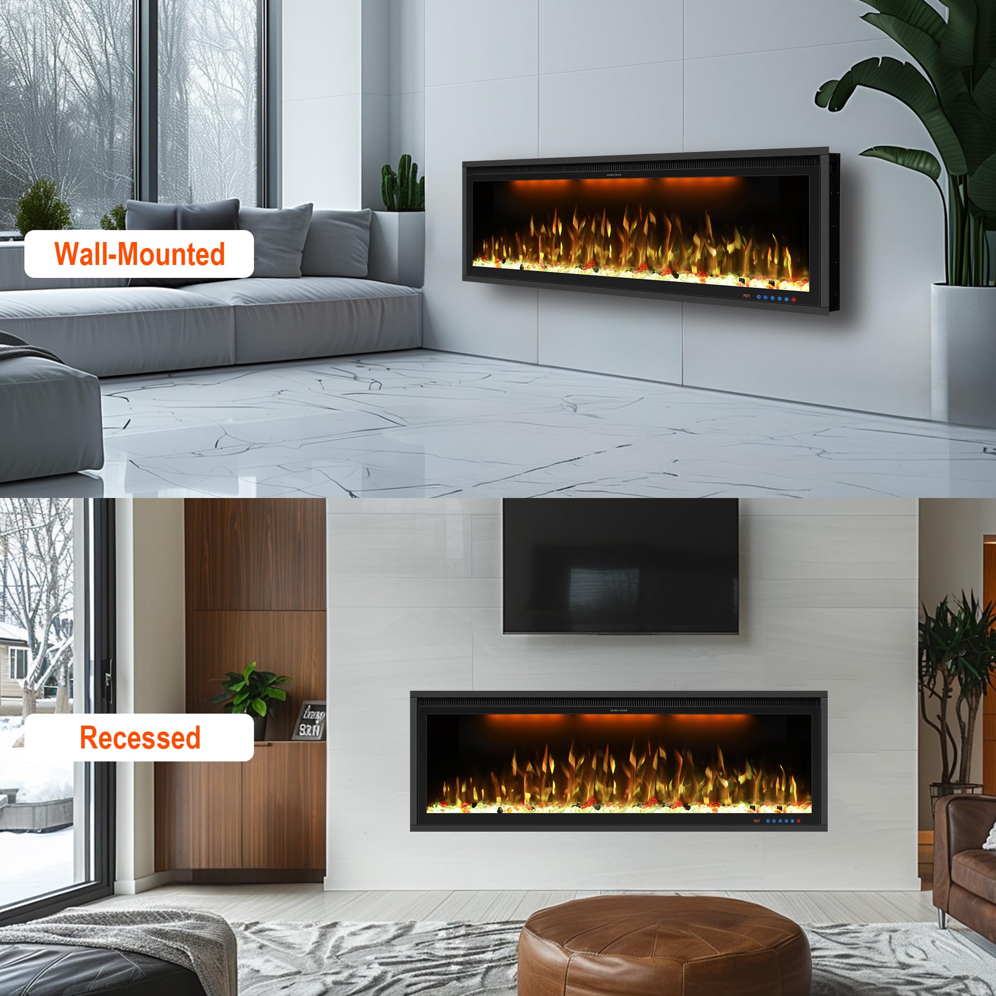 74" Smart Electric Fireplace Inserts, Slim Fireplace with APP & Alexa Control, Remote & Touch Panel, Adjustable Flame Colors & Fuel Bed Colors, Timer & Overheat Protection, 750W/1500W, Black