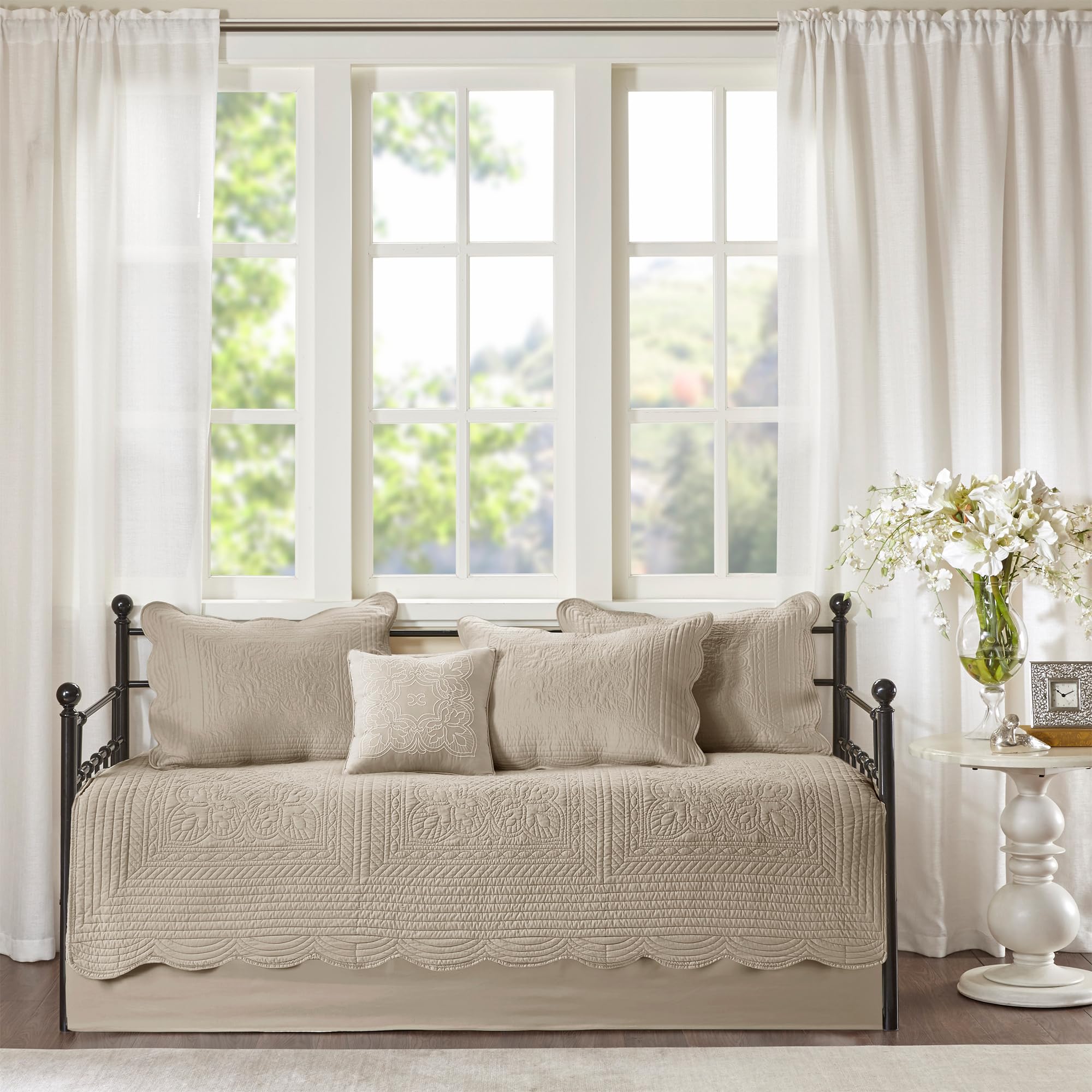 6-Piece Damask Quilted Daybed Cover Set with Scalloped Edge | All Season