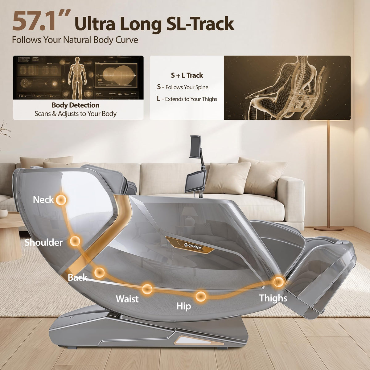 Gethope 4D Massage Chair Full Body, Zero Gravity SL-Track Recliner, Silver