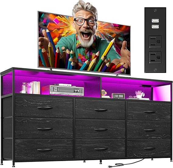 55" TV Stand Dresser with 9 Fabric Drawers, Charging Station & LED Lights