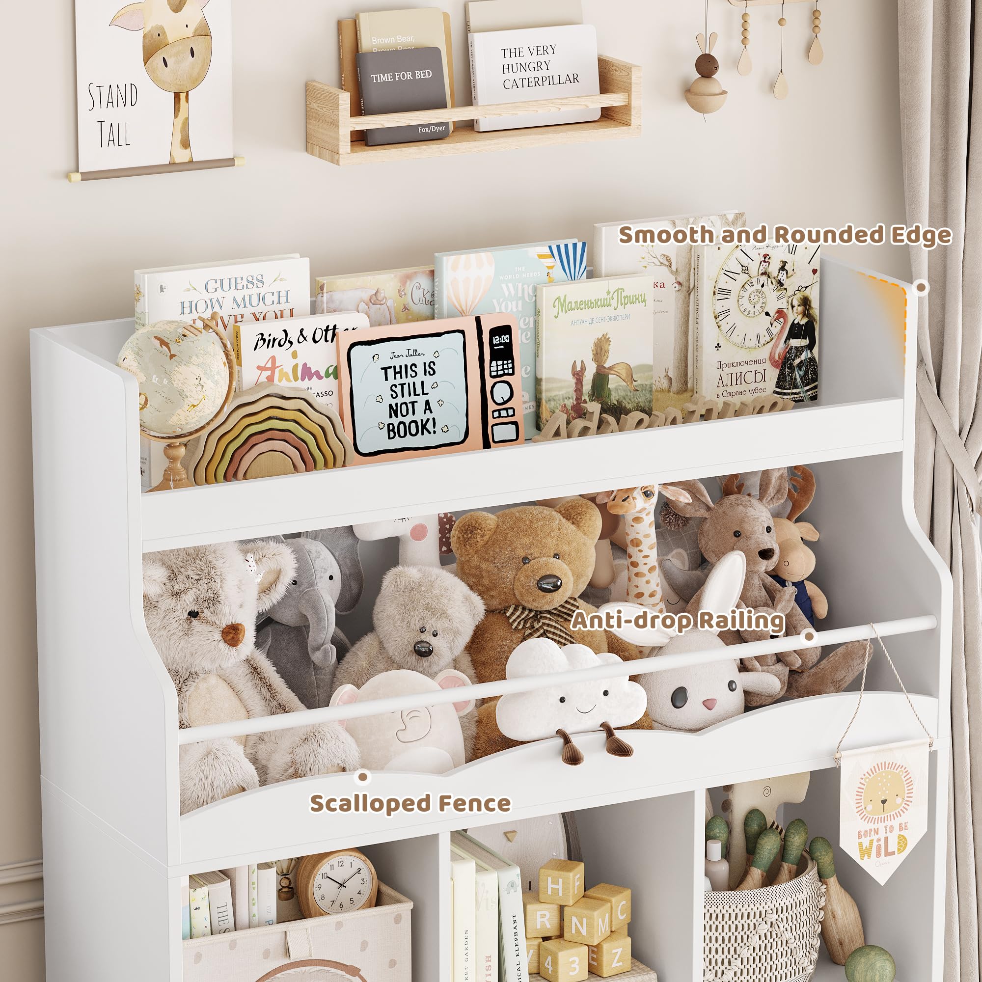 HITHOS Kids Toy Storage Organizer with Bookshelf, Multifunctional Book Shelf with 3 Movable Toy Organizers for Kids Room, Kids Bookcase and Toy Box, Toy Storage Chest for Playroom, White