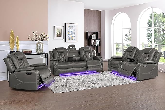 Power Recliner Sofa Set with LED & Bluetooth – 3-Piece