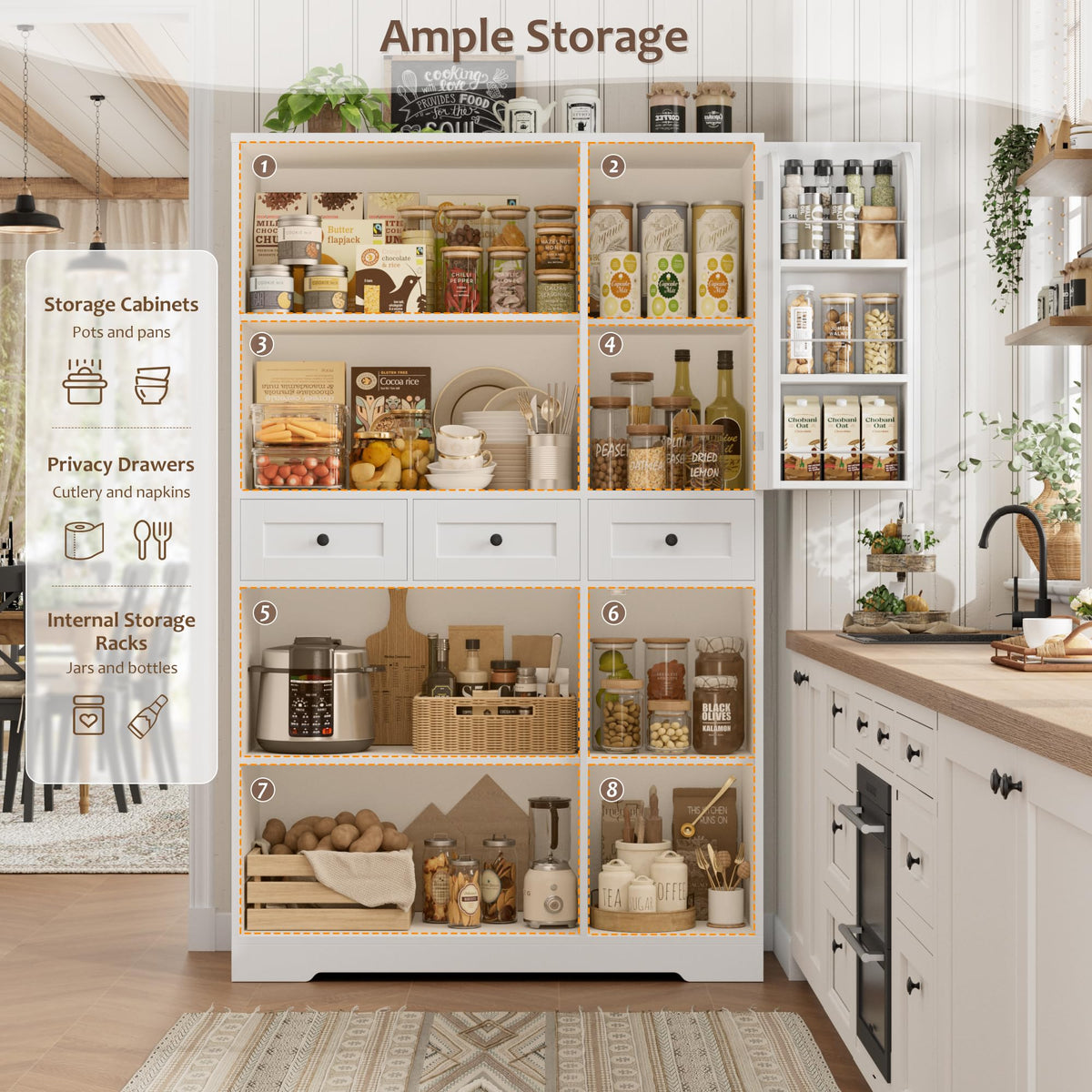 HOSTACK 67"H Farmhouse Kitchen Pantry Storage Cabinet with 3 Drawers, White